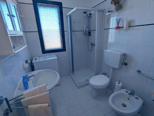 Un baño con inodoro, ducha y lavabo. en Margus, en Punta Braccetto