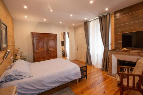 a bedroom with a bed and a fireplace at LE 41 AVENUE FOCH in Luchon