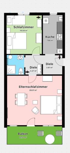 a floor plan of a house at KATARINAS HOUSE mit 2 FeWo stilvoll, gemütlich & zentral Boxspringbett, Parkplatz, Balkon oder Garten in Moers