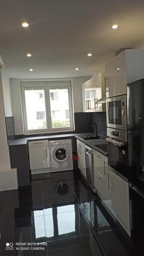 une cuisine avec un lave-linge et un micro-ondes dans l'établissement Appartement cité de la gastronomie Dijon, à Dijon
