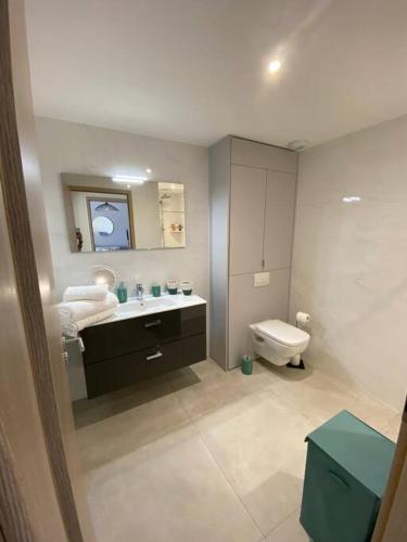 une salle de bain avec un lavabo et des toilettes dans l'établissement Appartement 4 personnes - Grande terrasse - Proche du Port - Porto-Vecchio, à Porto-Vecchio