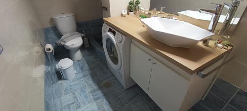 een badkamer met een wastafel en een wasmachine bij Actis Studios in Stelida