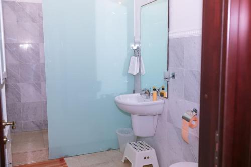 a bathroom with a sink and a toilet and a shower at Casa din deal in Nistoreşti