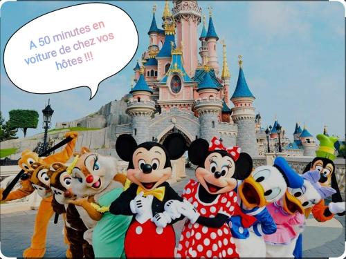 a group of mickeys in front of a disney castle at Chambre spacieuse, jacuzzi, proche parc Astérix in Thiers-sur-Thève