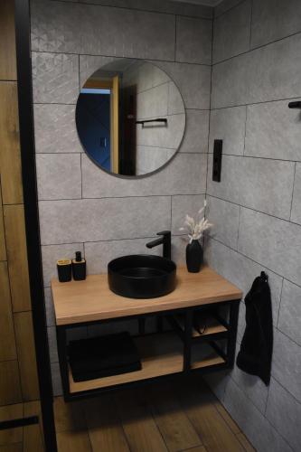 a bathroom with a sink and a mirror at Woodpecker in Nagymaros