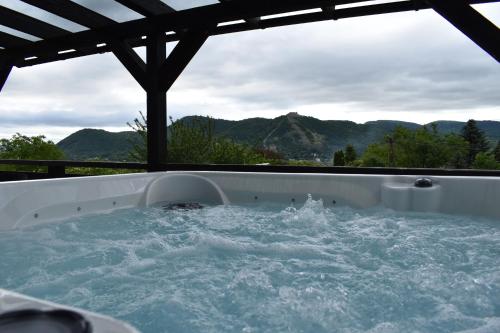 a jacuzzi tub with a view of the mountains at Woodpecker in Nagymaros