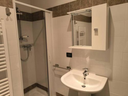 a bathroom with a sink and a shower with a mirror at Appartamento nuovo e delizioso in Vidiciatico