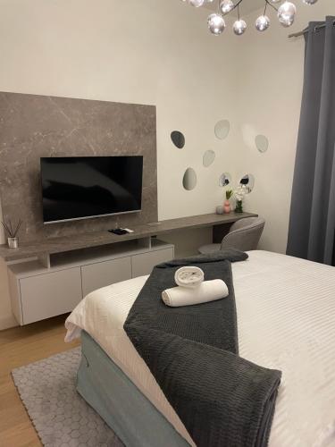 een slaapkamer met een bed en een flatscreen-tv bij Belgrade Waterfront Zvoncica Apartament in Belgrado