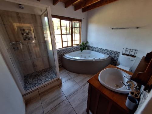 a bathroom with a tub and a shower and a sink at Lakeview Cottage, Curry's Post - SOLAR POWERED in Howick