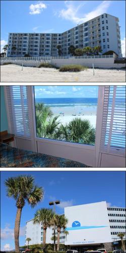 duas fotos de um edifício e uma praia com uma palmeira em Islander Beach Resort by CV em New Smyrna Beach