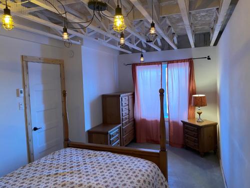 1 dormitorio con 1 cama, vestidor y ventana en Chalet Mont Édouard de 4 unités, en L'Anse-Saint-Jean