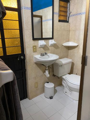 a bathroom with a sink and a toilet at Casa Jirafa. in Guadalajara