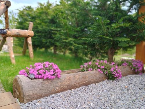a wooden planter with pink flowers in it at Mountain guest house “Fajeri” in Brestova Draga