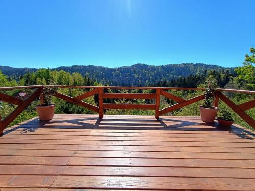 a wooden bench sitting on top of a wooden boardwalk at Mountain guest house “Fajeri” in Brestova Draga