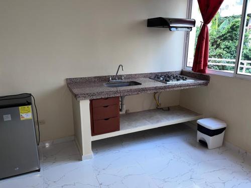 a kitchen counter with a sink and a stove at Hotel Bahia Plaza in Santa Marta