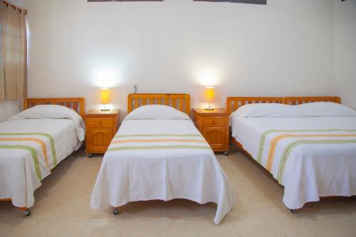 three beds in a room with two lamps on them at Hotel Casa Rush in Puerto Ángel
