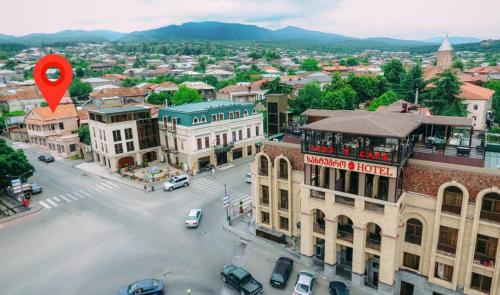 a city with a red marker in the middle at VinoOdor - ვინოოდორ in Tʼelavi