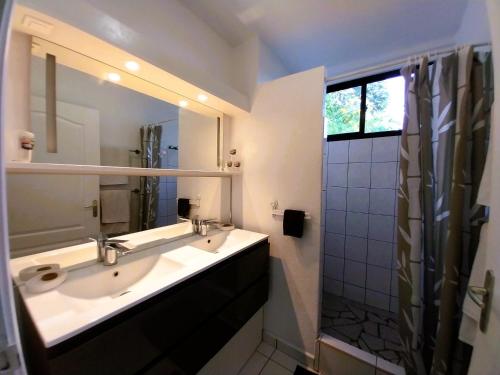 uma casa de banho com um lavatório e um chuveiro em TAHITI - Amoe Condo em Mahina