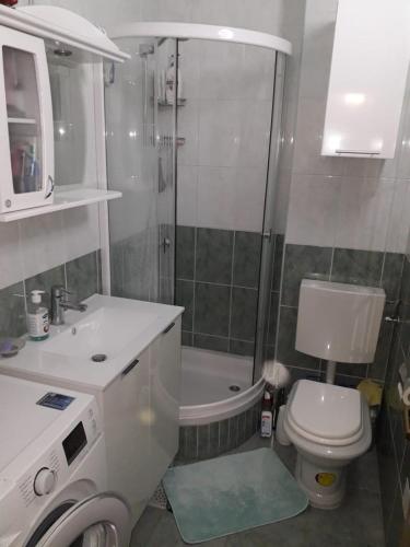 La salle de bains est pourvue d'un lavabo, de toilettes et d'une douche. dans l'établissement VITALY, à Petrovac na Moru
