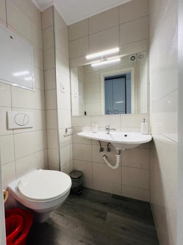 a bathroom with a toilet and a sink at The White Pearl Apartment in Oradea