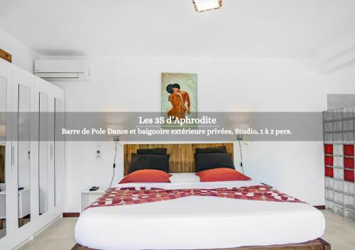 a bedroom with a large white bed with red pillows at Jo'z le rêve in Les Anses-dʼArlets