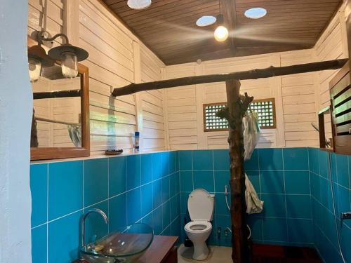 La salle de bains est pourvue de toilettes et d'un lavabo. dans l'établissement Maison meublée « valiha », à Hell-Ville