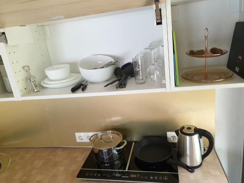uma cozinha com uma placa de fogão e forno. em Pūču māja/Owl house namiņš Ogrē em Ogre
