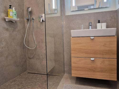 ein Bad mit einer Dusche und einem Waschbecken in der Unterkunft Luxury 2 Room Apartment nr. 4 in Bratislava