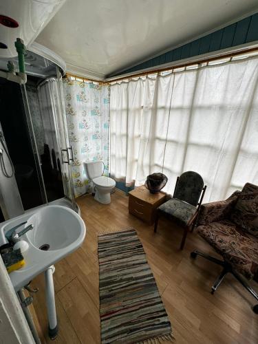 a bathroom with a sink and a toilet and a chair at Vasaras mājiņa pie Rāznas ezera Nr 7 in Ragi