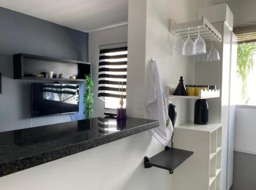 een keuken met een aanrecht en een tv in een kamer bij Apartamento aconchegante perto do Shopping Iguatemi in Votorantim