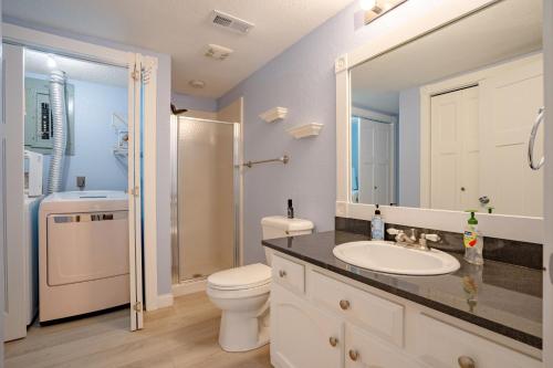 a bathroom with a sink and a toilet and a mirror at Barba Le Lane in Lake Ozark