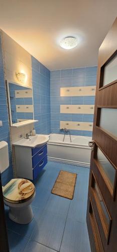 ein blaues Badezimmer mit WC und Waschbecken in der Unterkunft Spatios si calduros in Floreşti