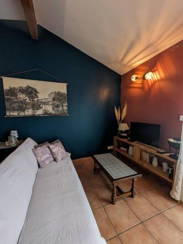 une chambre avec un lit et une télévision dans l'établissement un cocon de briques Rose, à Rouffiac-Tolosan