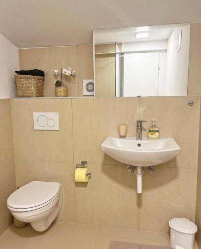 La salle de bains est pourvue d'un lavabo, de toilettes et d'un miroir. dans l'établissement Apartments Vero 2-4 Personen, à Orebić