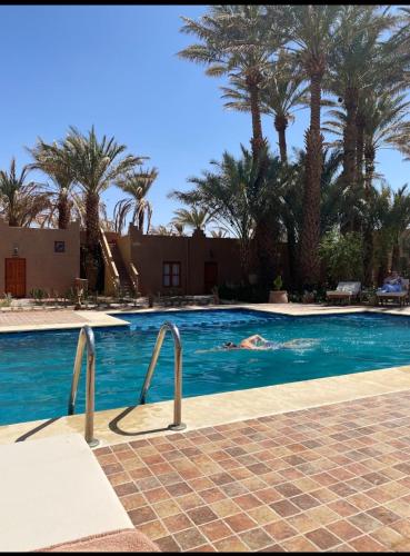 - une personne se baignant dans une piscine bordée de palmiers dans l'établissement Zagora Oasis Lodge, à Zagora