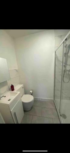 La salle de bains blanche est pourvue d'une douche et de toilettes. dans l'établissement Luxury king en-suite room, à Peterborough