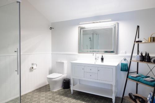 a bathroom with a toilet and a sink and a mirror at Havelock Homestead in Havelock North