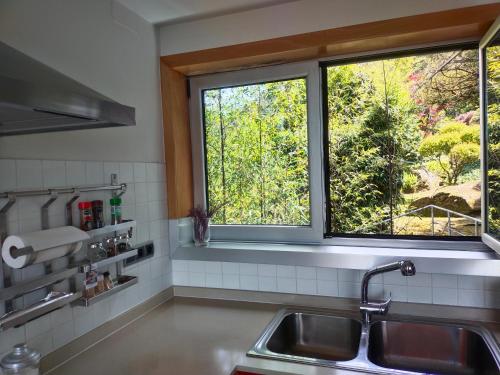 eine Küche mit einem Waschbecken und einem Fenster in der Unterkunft RIA DE VIGO in Vigo
