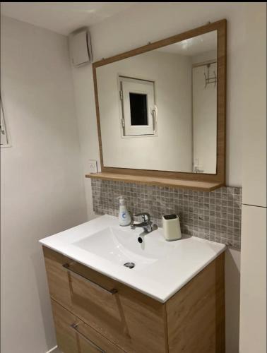 une salle de bain avec un lavabo et un miroir dans l'établissement Un instant de bonheur, à Grasse