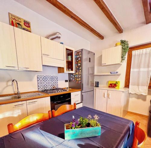 a kitchen with a table with a blue table cloth at Casa L ulivo in Santa Maria Navarrese