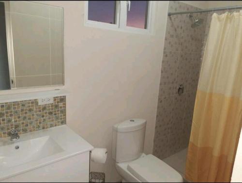 uma casa de banho com um WC, um lavatório e um chuveiro em Fabulous Apartments Barbados em Christ Church