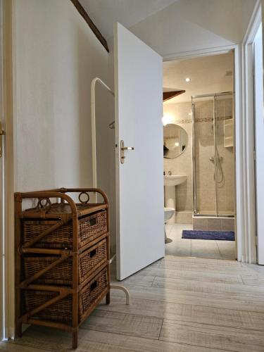 une salle de bain avec une douche à l'italienne et un lavabo dans l'établissement SUQUET - BEACH 100m & PALAIS DES FESTIVALS 600m, à Cannes