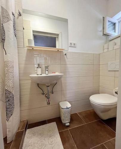 a bathroom with a sink and a toilet at Apartments Vero Orebic 1 in Orebić