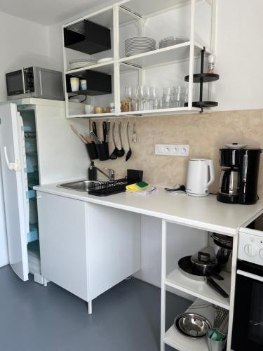 a kitchen with white cabinets and a white counter top at Statek Losiny in Velké Losiny