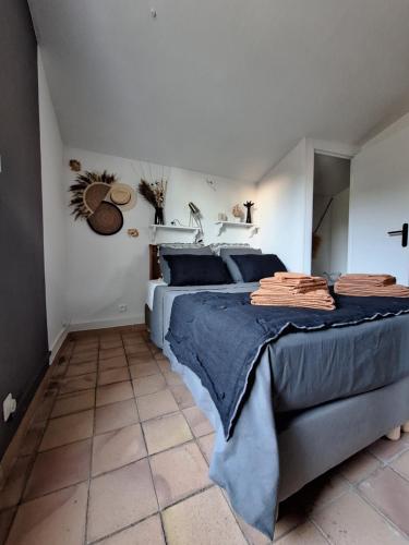 a bedroom with a bed with a blue comforter at Villa Sisyphe chambre"la jeanette" in Le Thoronet