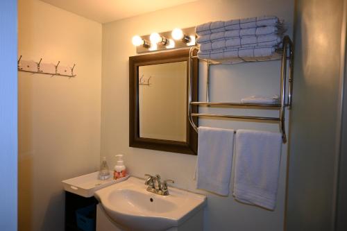 La salle de bains est pourvue d'un lavabo, d'un miroir et de serviettes. dans l'établissement Metropolitan Suite, à Niagara Falls