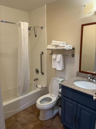a bathroom with a toilet and a sink and a shower at Candlewood Suites LAX Hawthorne by IHG in Hawthorne