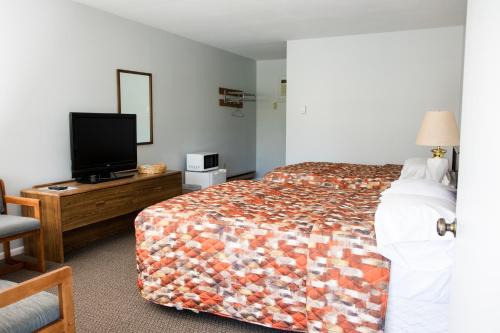 a hotel room with a bed and a flat screen tv at Starlite Motel in Wisconsin Dells