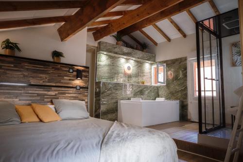 um quarto com uma cama e uma banheira num quarto em Appart hôtel le 8 La Suite & Spa em Mâcon