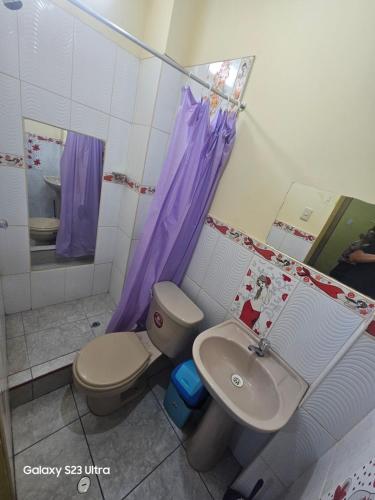łazienka z toaletą i umywalką w obiekcie Su Majestad II w mieście Huanta